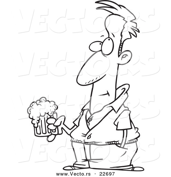Vector of a Cartoon Pensive Man Holding a Beer - Coloring Page Outline