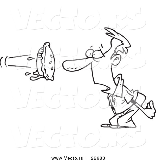 Vector of a Cartoon Pie Flying at a Man's Face - Coloring Page Outline
