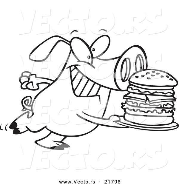 Vector of a Cartoon Pig Carrying a Big Burger - Outlined Coloring Page