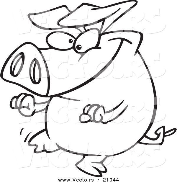Vector of a Cartoon Pig Doing a Happy Dance - Coloring Page Outline