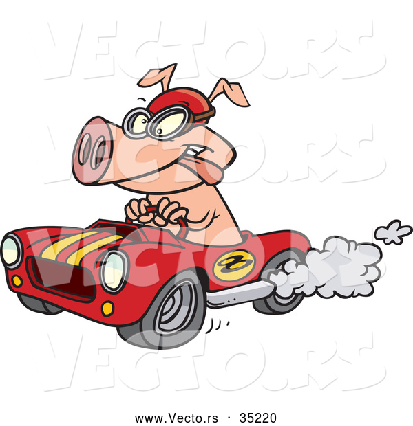 Vector of a Cartoon Pig Driving a Fast Hot Rod