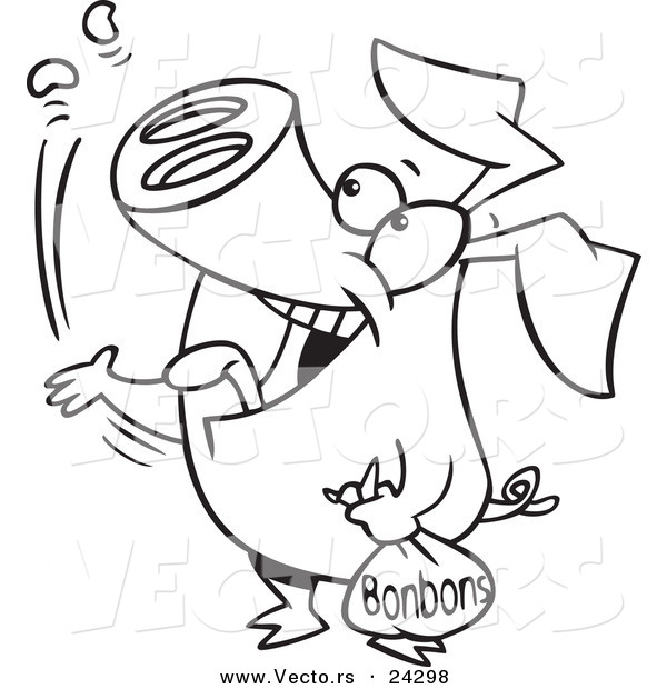 Vector of a Cartoon Pig Popping Bon Bons Black and White Outline - Outlined Coloring Page