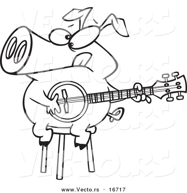 Vector of a Cartoon Pig Sitting on a Stool and Playing a Banjo - Outlined Coloring Page Drawing