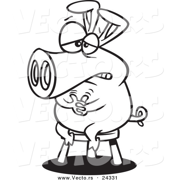 Vector of a Cartoon Pig Sitting on a Stool - Outlined Coloring Page