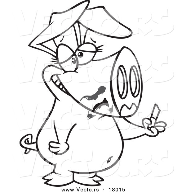 Vector of a Cartoon Pig Smearing on Lipstick - Outlined Coloring Page