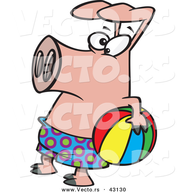 Vector of a Cartoon Pig Wearing Swim Shorts While Holding a Colorful Beach Ball