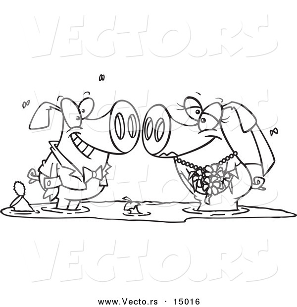 Vector of a Cartoon Pig Wedding Couple in a Puddle of Mud - Coloring Page Outline