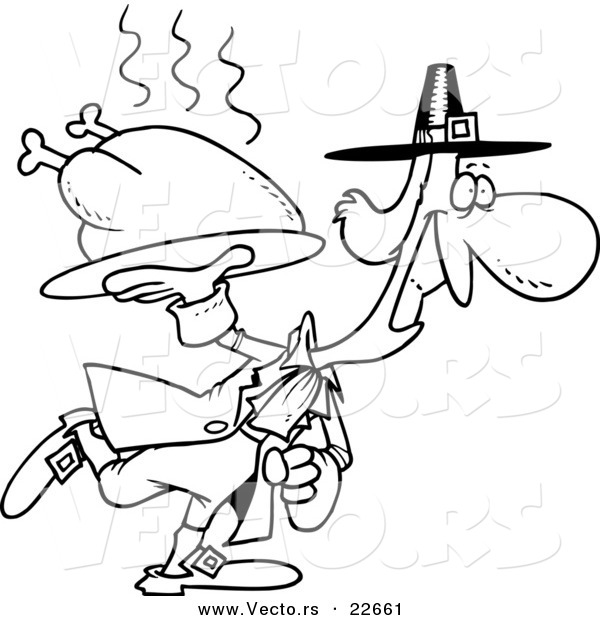 Vector of a Cartoon Pilgrim Carrying a Hot Turkey - Coloring Page Outline
