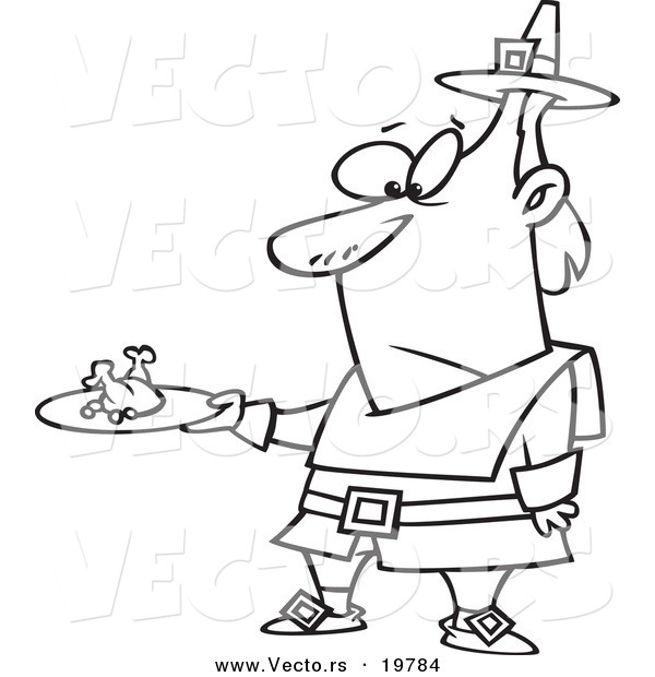 Vector of a Cartoon Pilgrim Man Carrying a Meagre Meal - Outlined Coloring Page