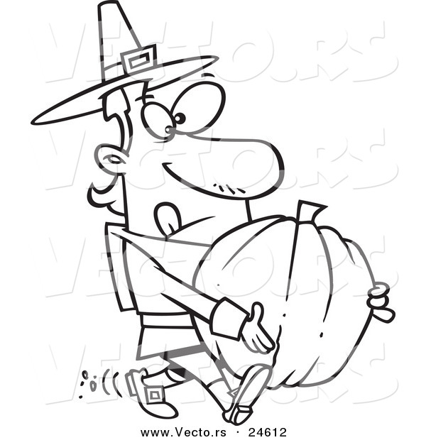 Vector of a Cartoon Pilgrim Man Carrying a Pumpkin - Outlined Coloring Page