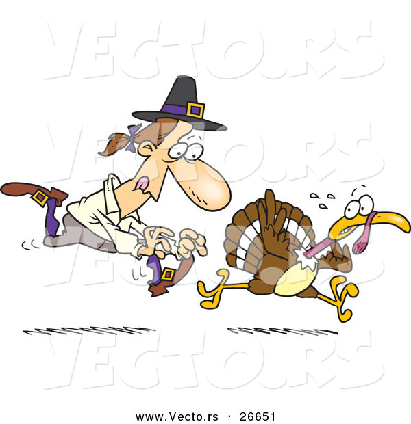 Vector of a Cartoon Pilgrim Man Running After a Turkey