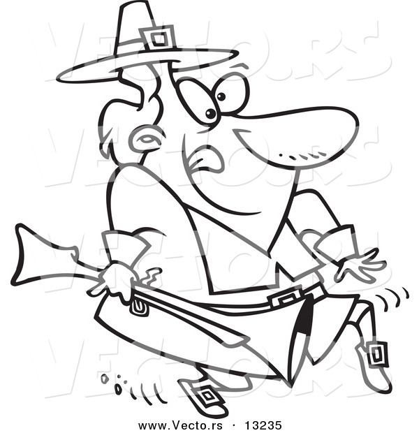Vector of a Cartoon Pilgrim Tip Toeing and Carrying a Blunderbuss - Coloring Page Outline