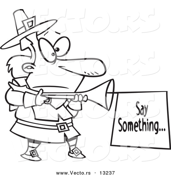 Vector of a Cartoon Pilgrim with a Blunderbuss and Sign - Coloring Page Outline