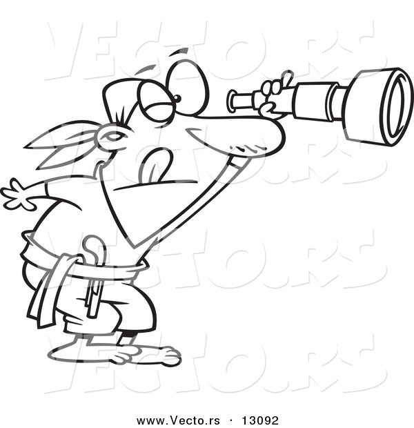 Vector of a Cartoon Pirate Peering Through a Spyglass Telescope - Outlined Coloring Page