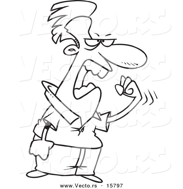 Vector of a Cartoon Pissed Man Waving a Fist - Outlined Coloring Page Drawing