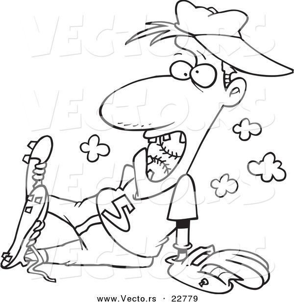 Vector of a Cartoon Pitcher with a Ball in His Mouth - Coloring Page Outline
