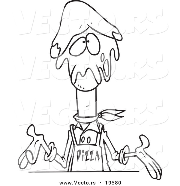 Vector of a Cartoon Pizza Man with Dough on His Head - Outlined Coloring Page