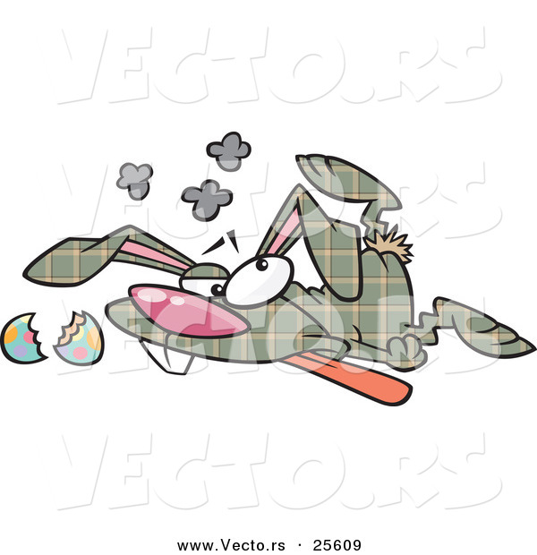 Vector of a Cartoon Plaid Easter Bunny Crashed on the Ground with a Broken Egg During Delivery