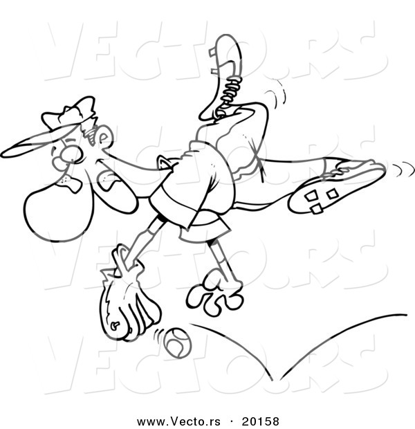 Vector of a Cartoon Player Diving for a Baseball - Outlined Coloring Page