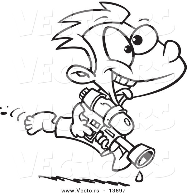 Vector of a Cartoon Playful Boy Running with a Water Gun - Coloring Page Outline