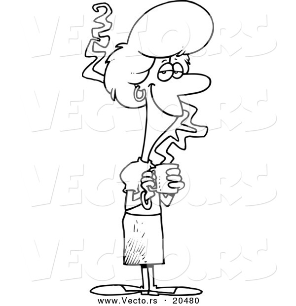 Vector of a Cartoon Pleasant Businesswoman Holding Coffee - Coloring Page Outline