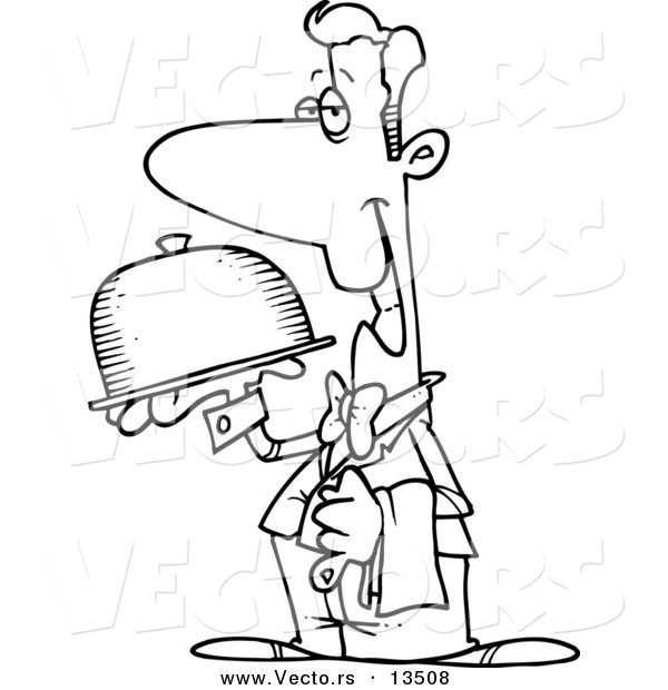 Vector of a Cartoon Pleasant Waiter Carrying a Platter - Coloring Page Outline