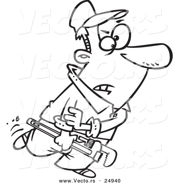 Vector of a Cartoon Plumber Carrying a Wrench and Rolling up His Sleeves - Outlined Coloring Page