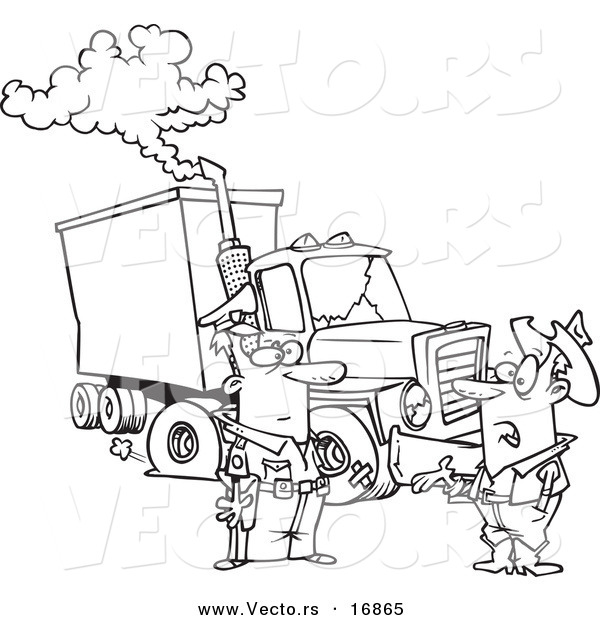 Vector of a Cartoon Police Man Assisting a Trucker with a Broken down Rig - Coloring Page Outline