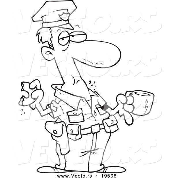 Vector of a Cartoon Police Man Eating a Donut - Outlined Coloring Page