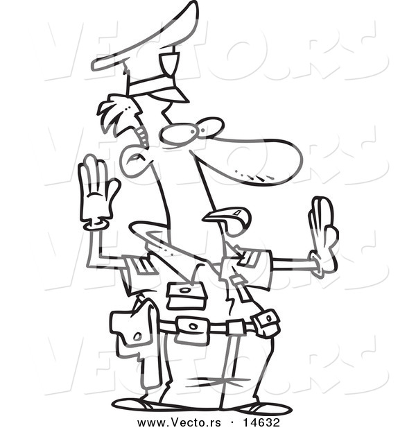 Vector of a Cartoon Police Officer Controlling Traffic - Coloring Page Outline