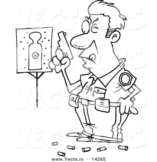 Vector of a Cartoon Police Officer in Training, Shooting at Close Range and Missing His Target - Coloring Page Outline