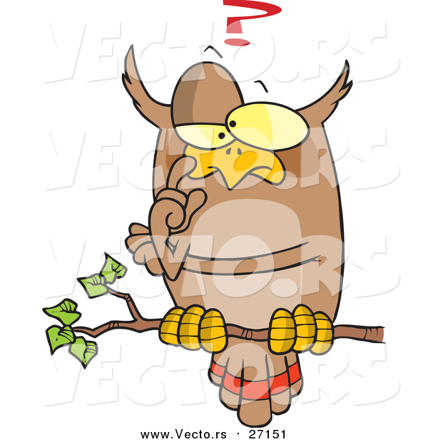 Vector of a Cartoon Pondering Owl on a Branch