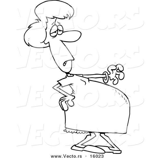 Vector of a Cartoon Pregnant Girl Trying to Walk - Outlined Coloring Page Drawing