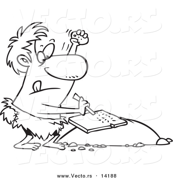 Vector of a Cartoon Prehistoric Man Chiseling a Tablet - Coloring Page Outline