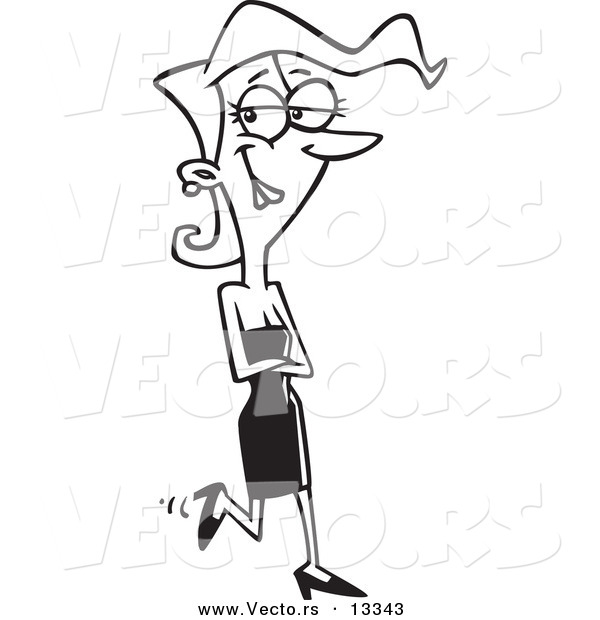 Vector of a Cartoon Pretty Woman Walking in a Black Dress - Coloring Page Outline