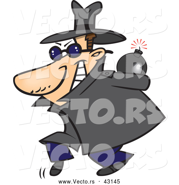 Vector of a Cartoon Private Spy Sneaking in a Lit Bomb Behind His Back