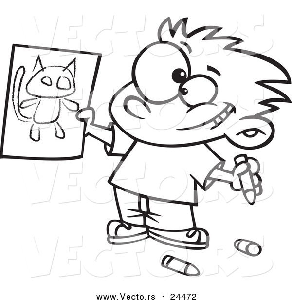 Vector of a Cartoon Proud Boy Holding His Cat Drawing - Outlined Coloring Page