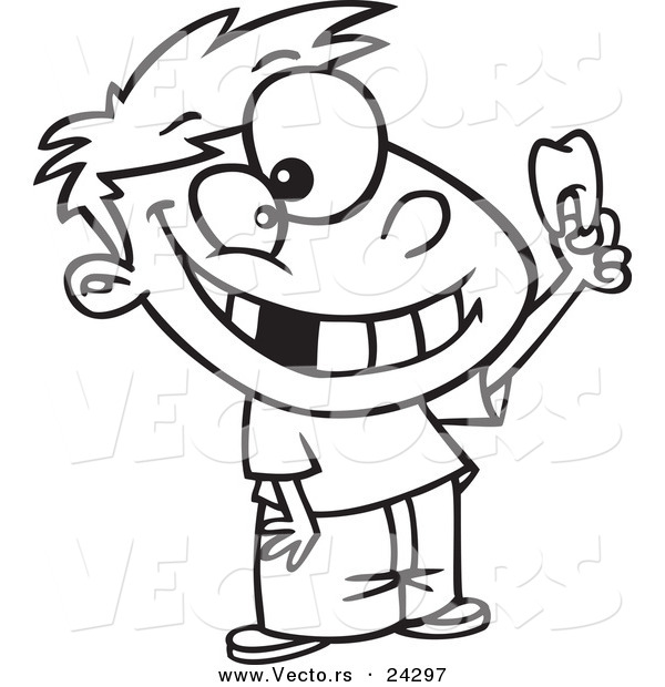 Vector of a Cartoon Proud Boy Holding His Tooth Black and White Outline - Outlined Coloring Page