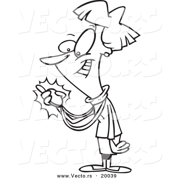 Vector of a Cartoon Proud Woman Admiring Her Medal - Outlined Coloring Page
