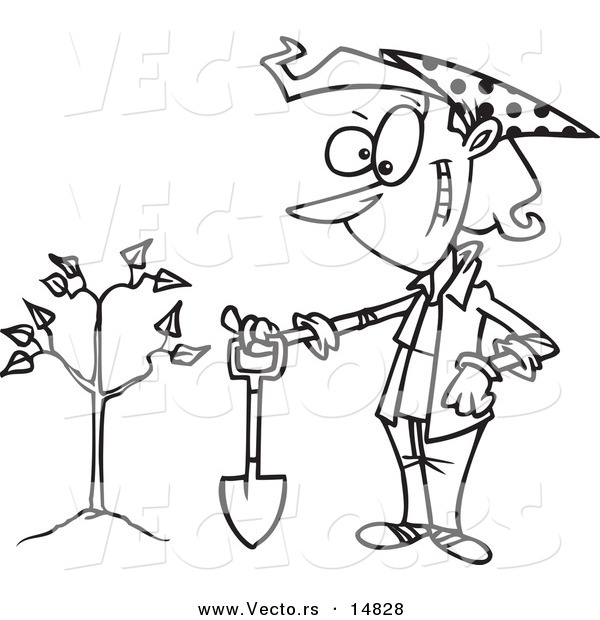 Vector of a Cartoon Proud Woman with a Shovel by a Newly Planted Tree - Coloring Page Outline