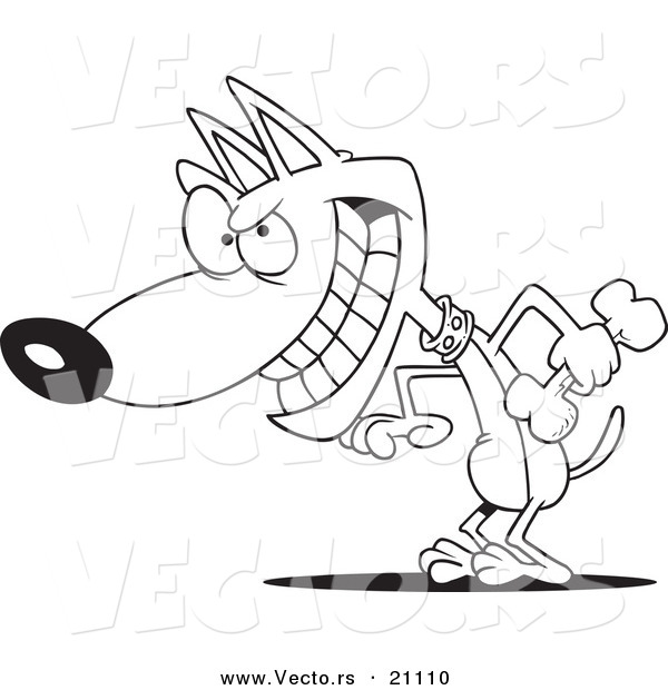Vector of a Cartoon Psychotic Dog Holding a Bone - Coloring Page Outline