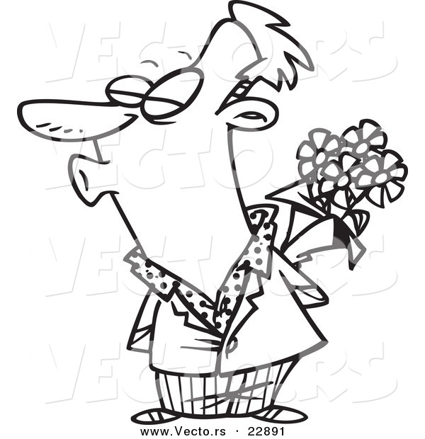 Vector of a Cartoon Puckering Man Holding Flowers - Coloring Page Outline