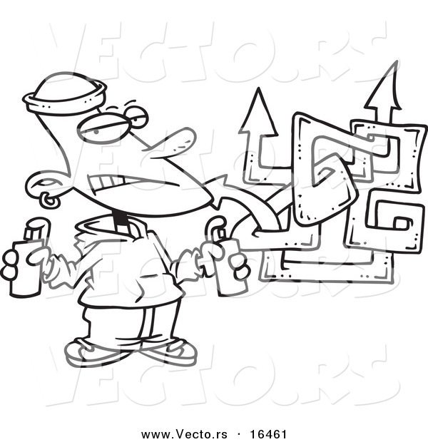 Vector of a Cartoon Punk Boy Spray Painting Graffiti - Outlined Coloring Page Drawing
