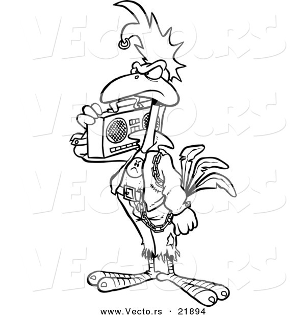 Vector of a Cartoon Punky Rooster with a Boom Box - Outlined Coloring Page