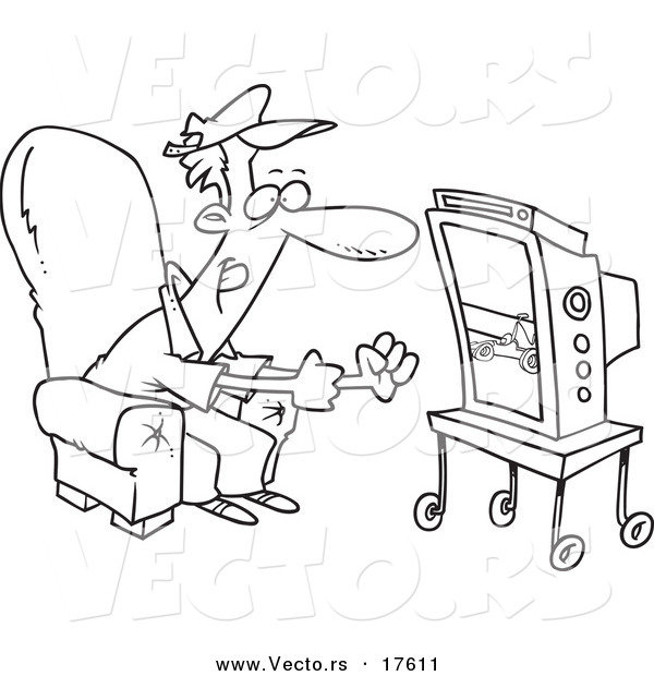 Vector of a Cartoon Race Fan Watching Tv - Coloring Page Outline