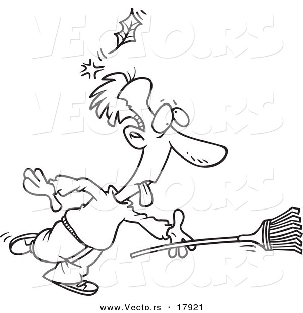 Vector of a Cartoon Raking Man Being Knocked out by a Falling Leaf - Outlined Coloring Page
