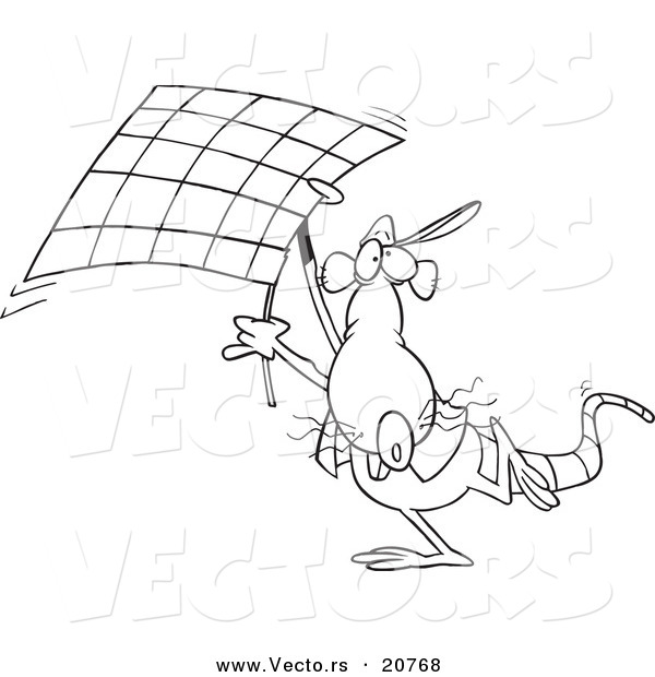 Vector of a Cartoon Rat Carrying a Checkered Flag - Coloring Page Outline