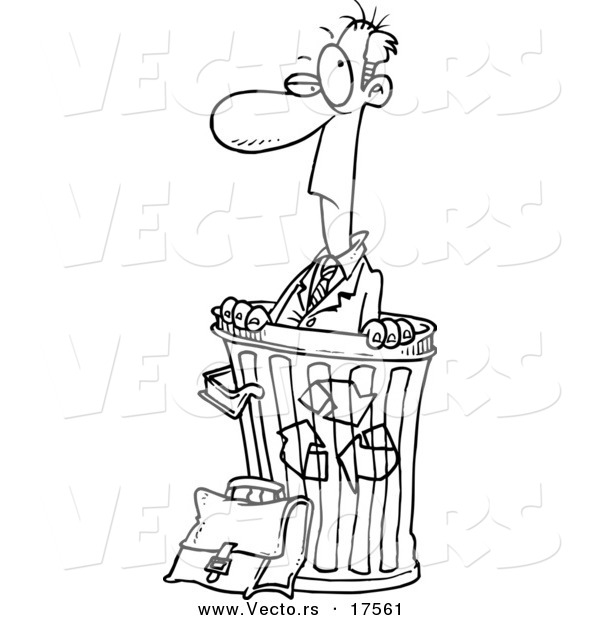 Vector of a Cartoon Recycled Businessman in a Bin - Coloring Page Outline