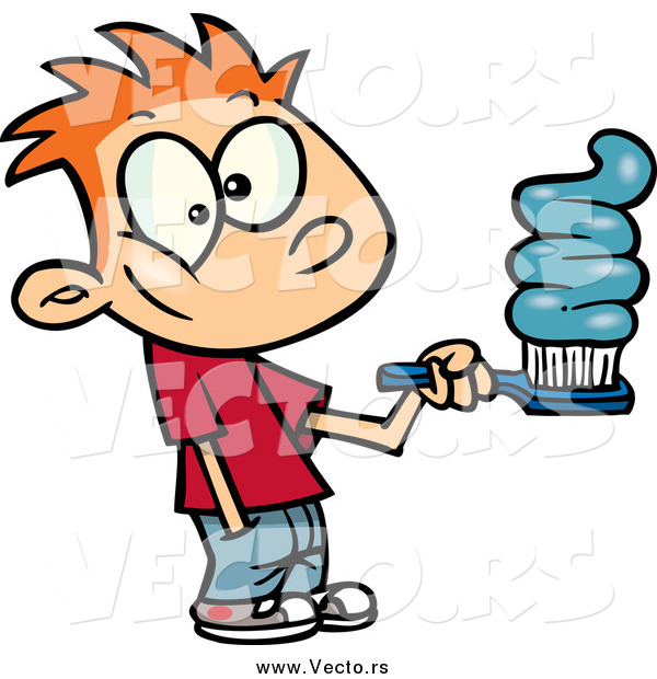Vector of a Cartoon Red Haired Boy Going Overboard on Toothpaste