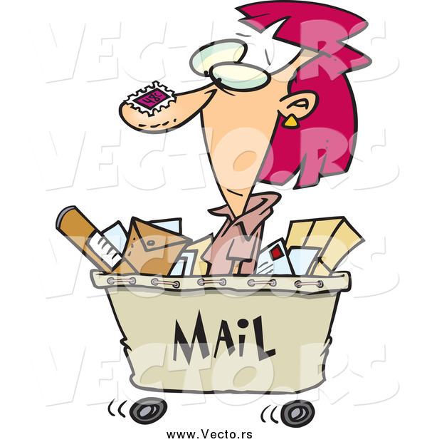 Vector of a Cartoon Red Haired Postal Woman in a Mail Cart